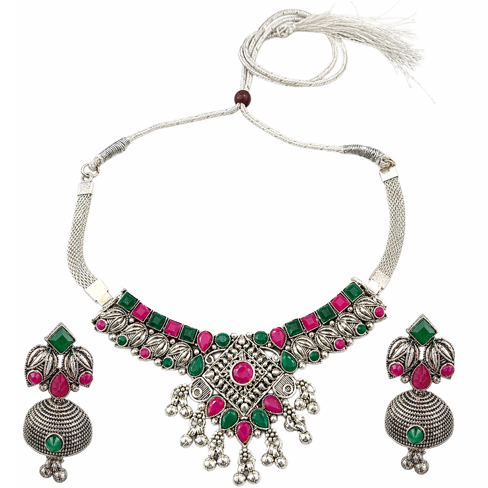 The99Jewel Oxidised Silver Choker Necklace Set with Pink & Green Beads & Jhumka Earrings
