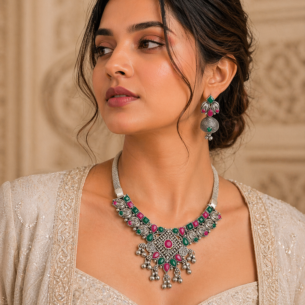 The99Jewel Oxidised Silver Choker Necklace Set with Pink & Green Beads & Jhumka Earrings
