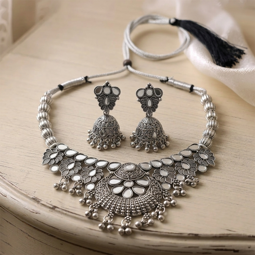 The99Jewel Oxidised Silver Choker Necklace Set with Mirror Work Beads & Jhumka Earrings