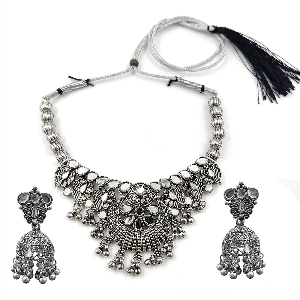 The99Jewel Oxidised Silver Choker Necklace Set with Mirror Work Beads & Jhumka Earrings