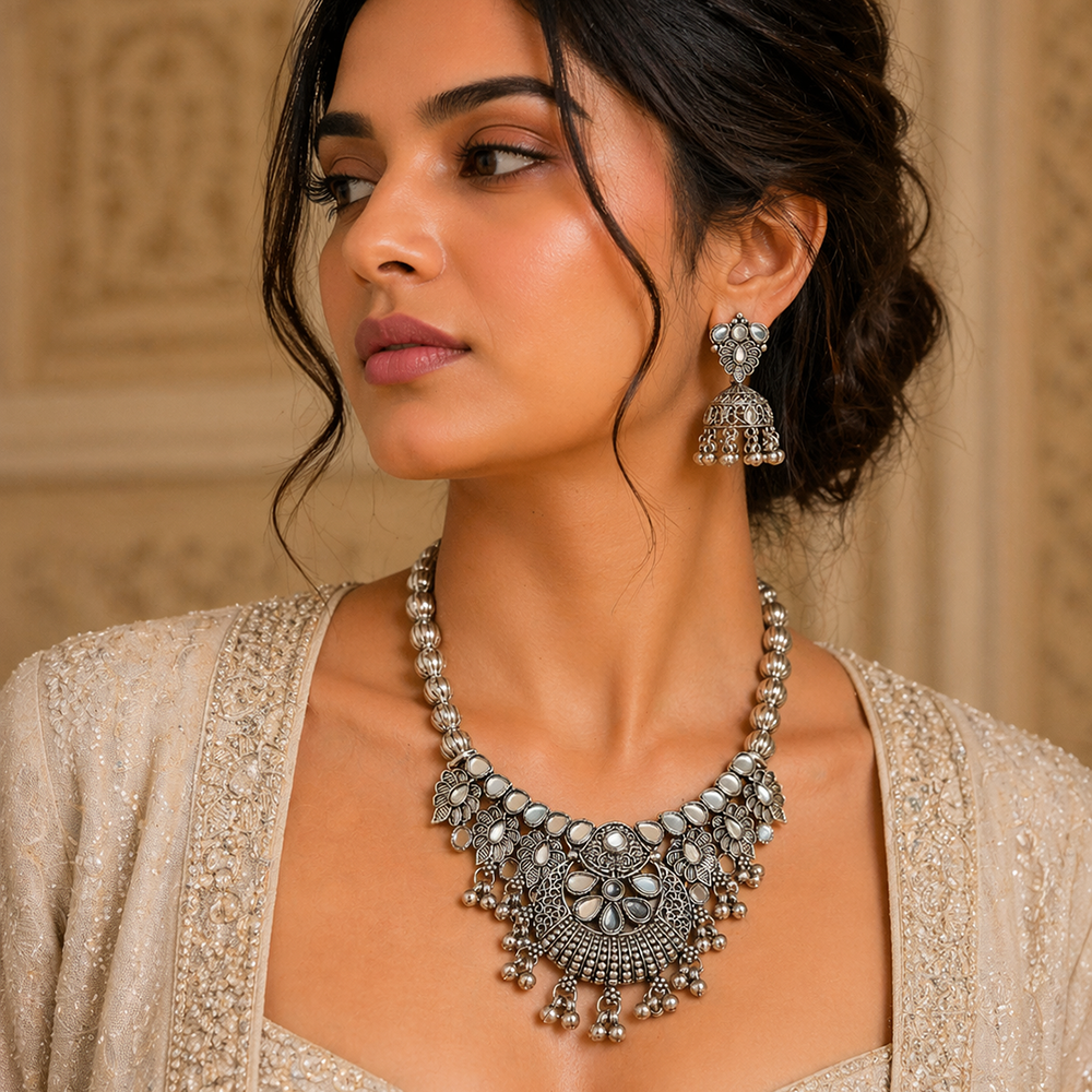 The99Jewel Oxidised Silver Choker Necklace Set with Mirror Work Beads & Jhumka Earrings