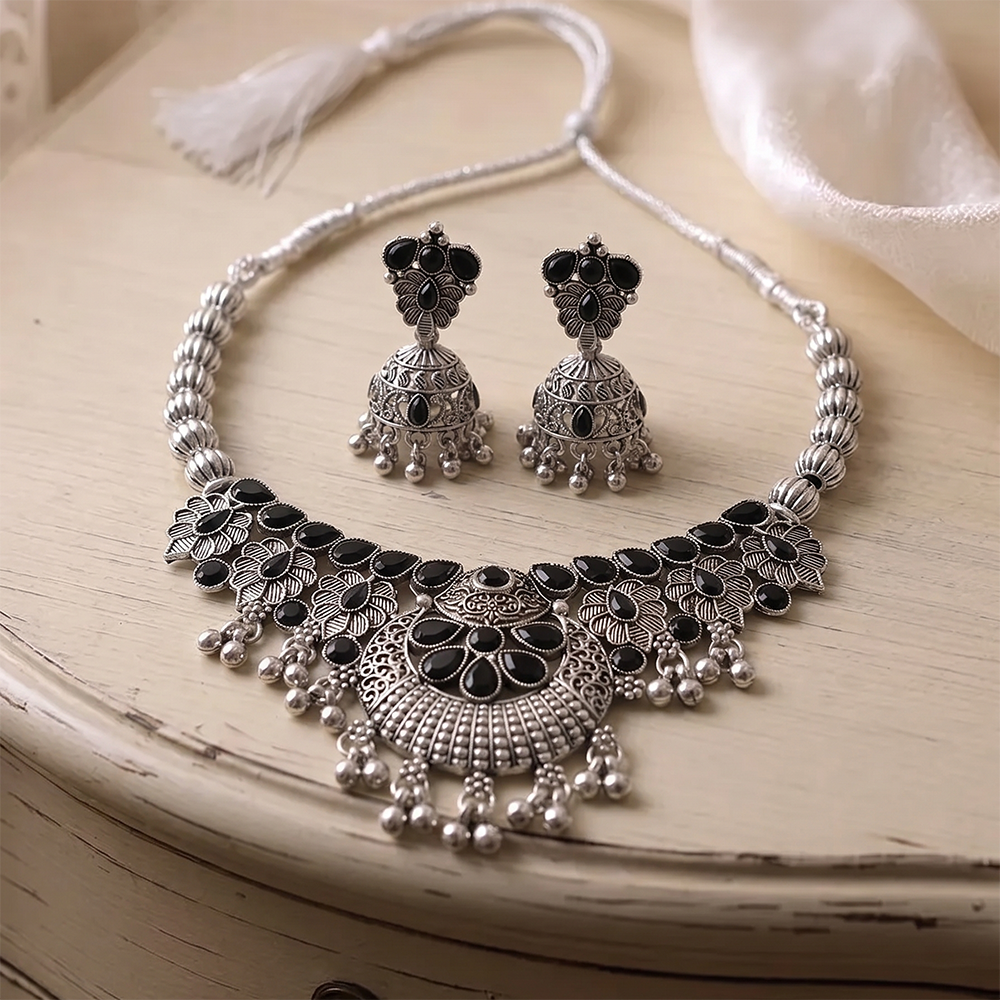 The99Jewel Oxidised Silver Choker Necklace Set with Black Beads & Jhumka Earrings