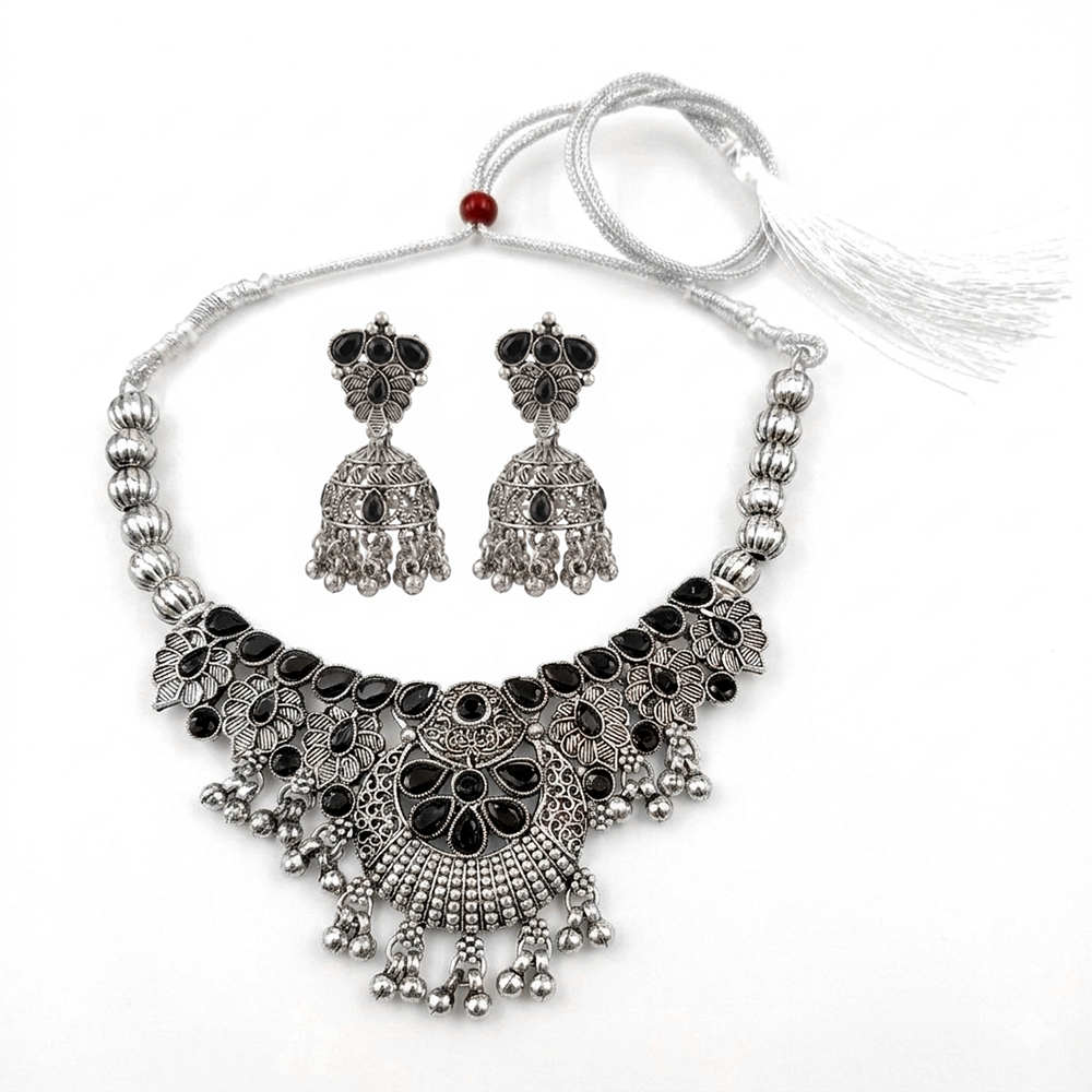The99Jewel Oxidised Silver Choker Necklace Set with Black Beads & Jhumka Earrings