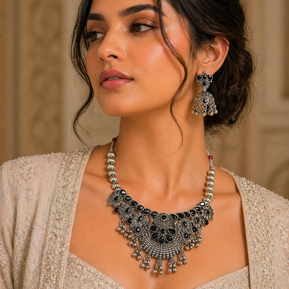 The99Jewel Oxidised Silver Choker Necklace Set with Black Beads & Jhumka Earrings