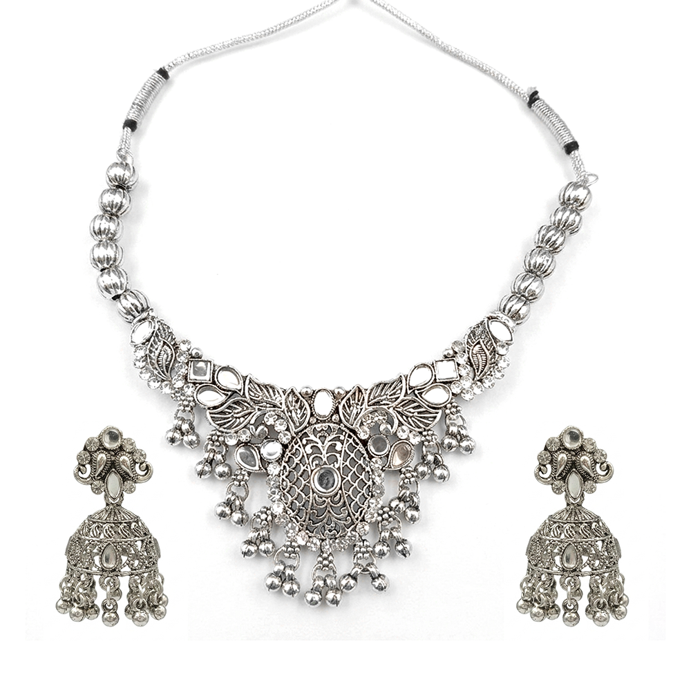 The99Jewel Oxidised Silver Choker Necklace Set with Mirror Work Beads & Jhumka Earrings
