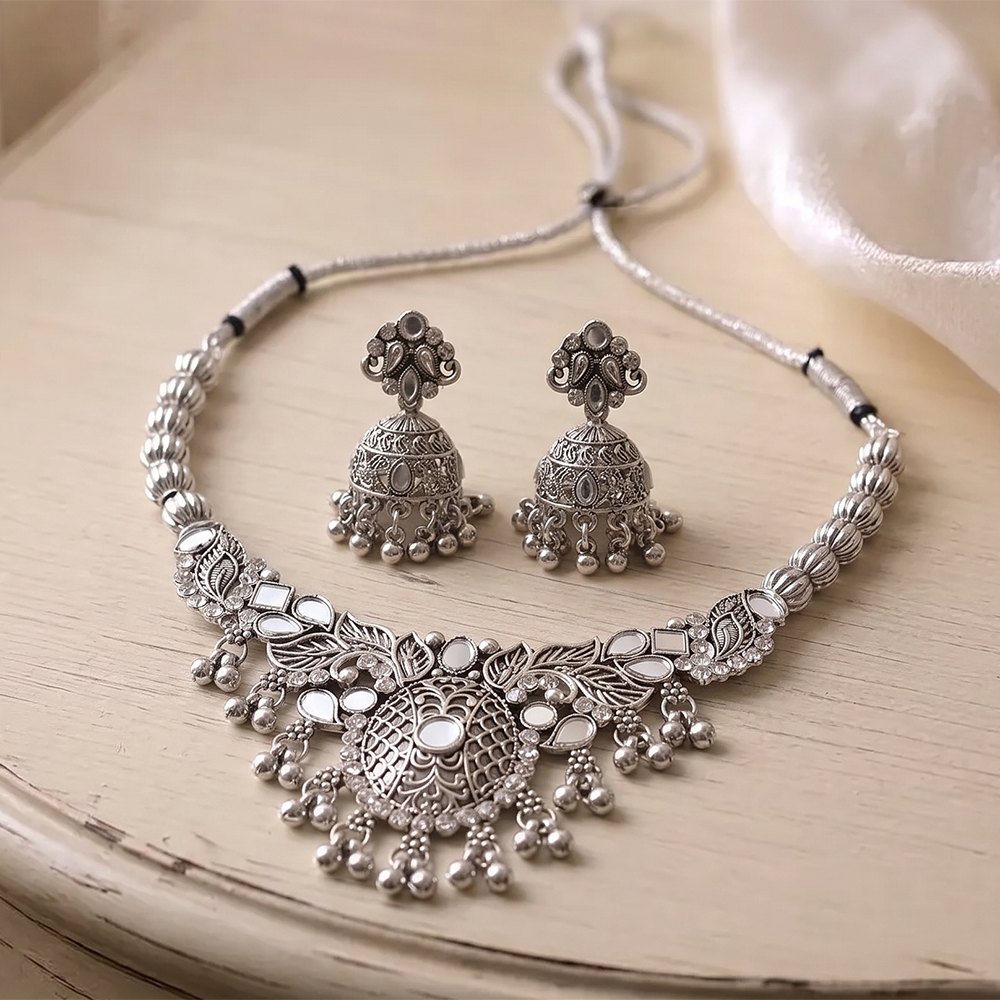 The99Jewel Oxidised Silver Choker Necklace Set with Mirror Work Beads & Jhumka Earrings