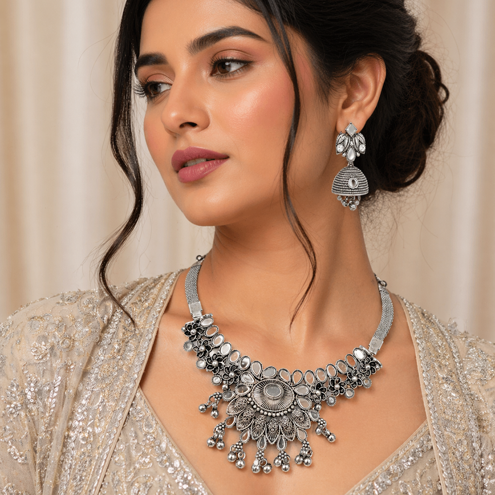 The99Jewel Oxidised Silver Choker Necklace Set with Mirror Work Beads & Jhumka Earrings