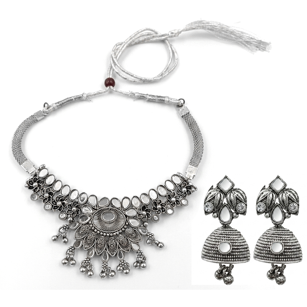The99Jewel Oxidised Silver Choker Necklace Set with Mirror Work Beads & Jhumka Earrings