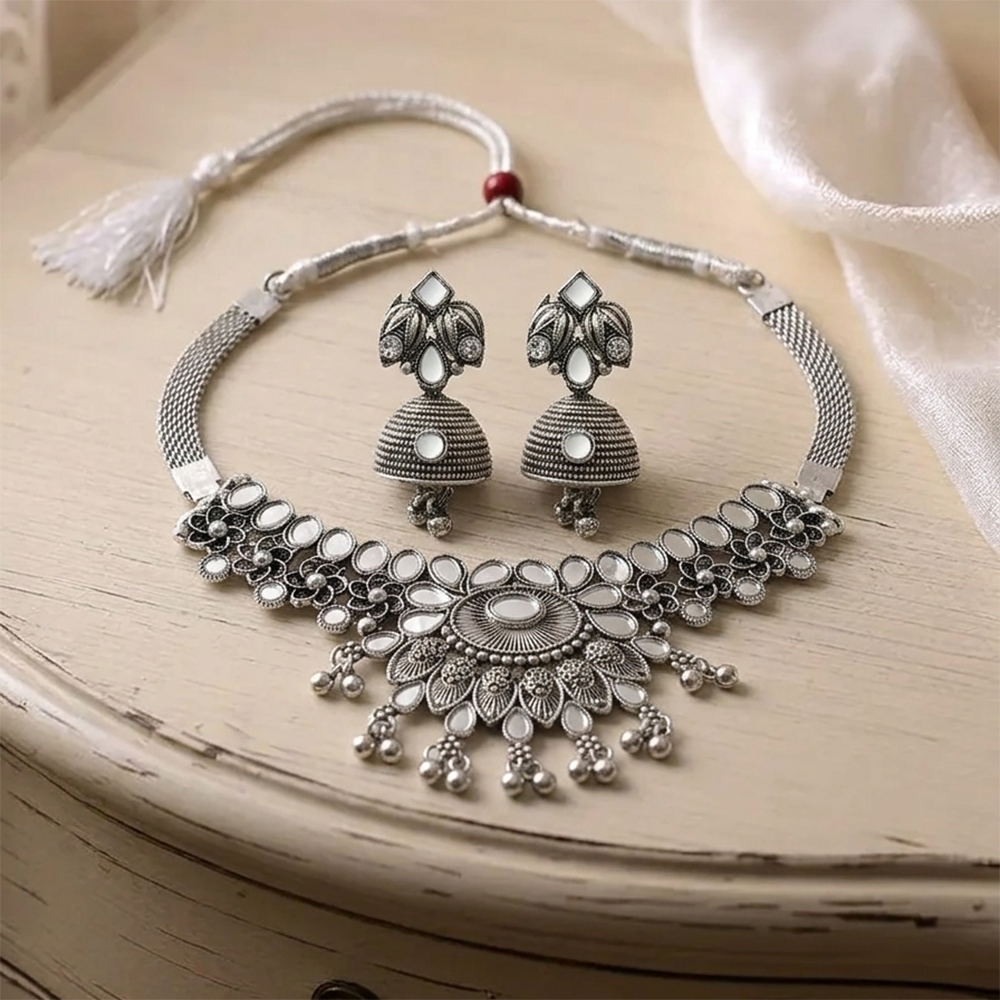 The99Jewel Oxidised Silver Choker Necklace Set with Mirror Work Beads & Jhumka Earrings