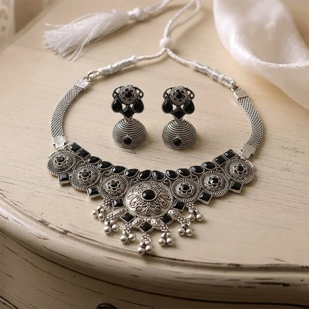 The99Jewel Oxidised Silver Choker Necklace Set with Black Beads & Jhumka Earrings