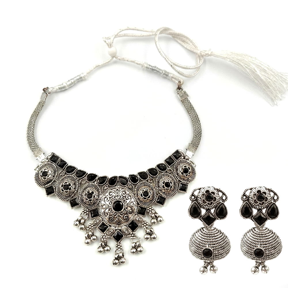 The99Jewel Oxidised Silver Choker Necklace Set with Black Beads & Jhumka Earrings