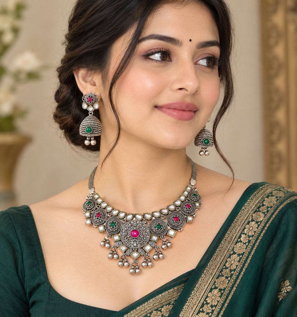 The99Jewel Vintage Inspired Oxidised Necklace Set | Classic Traditional Jewellery for Festive Wear