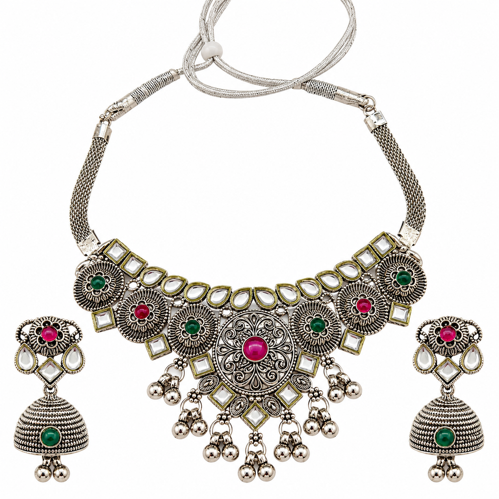 The99Jewel Vintage Inspired Oxidised Necklace Set | Classic Traditional Jewellery for Festive Wear