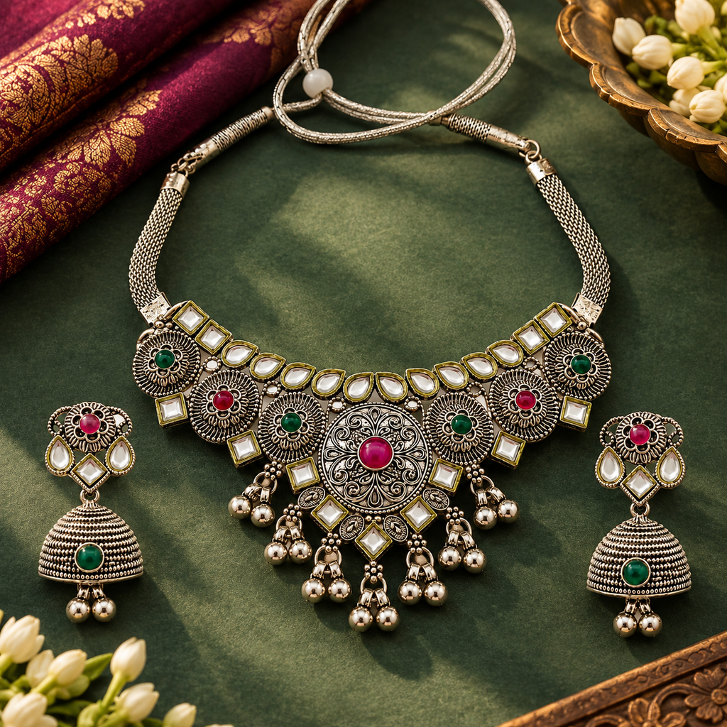 The99Jewel Vintage Inspired Oxidised Necklace Set | Classic Traditional Jewellery for Festive Wear