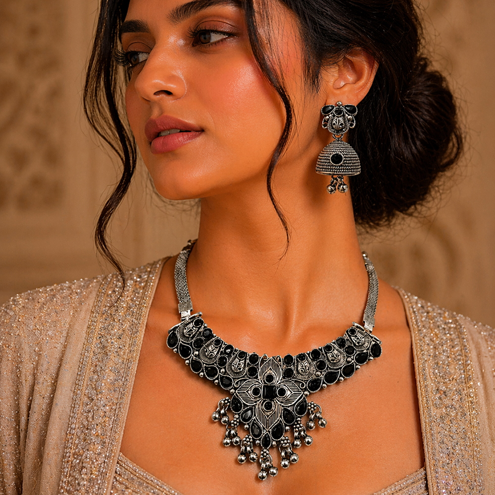 The99Jewel Oxidised Silver Choker Necklace Set with Black Beads & Assorted Jhumka Earrings