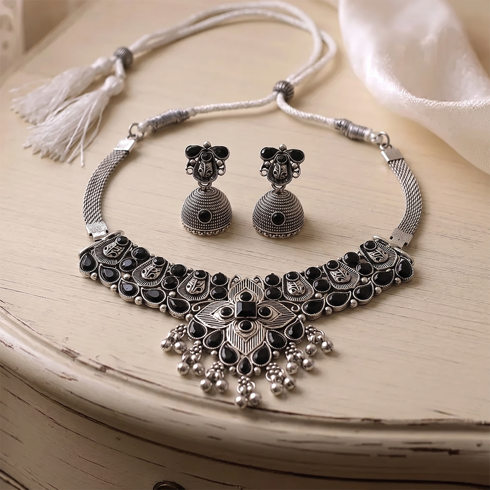 The99Jewel Oxidised Silver Choker Necklace Set with Black Beads & Assorted Jhumka Earrings