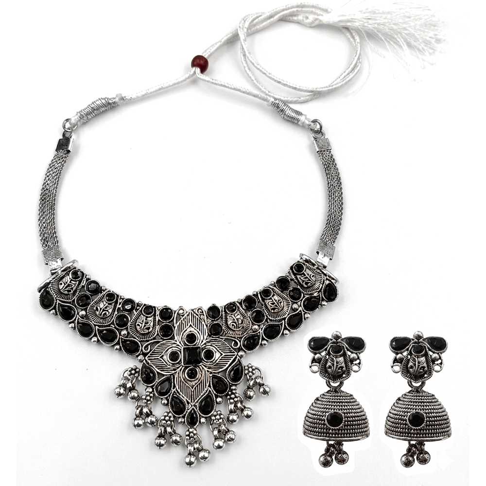 The99Jewel Oxidised Silver Choker Necklace Set with Black Beads & Assorted Jhumka Earrings