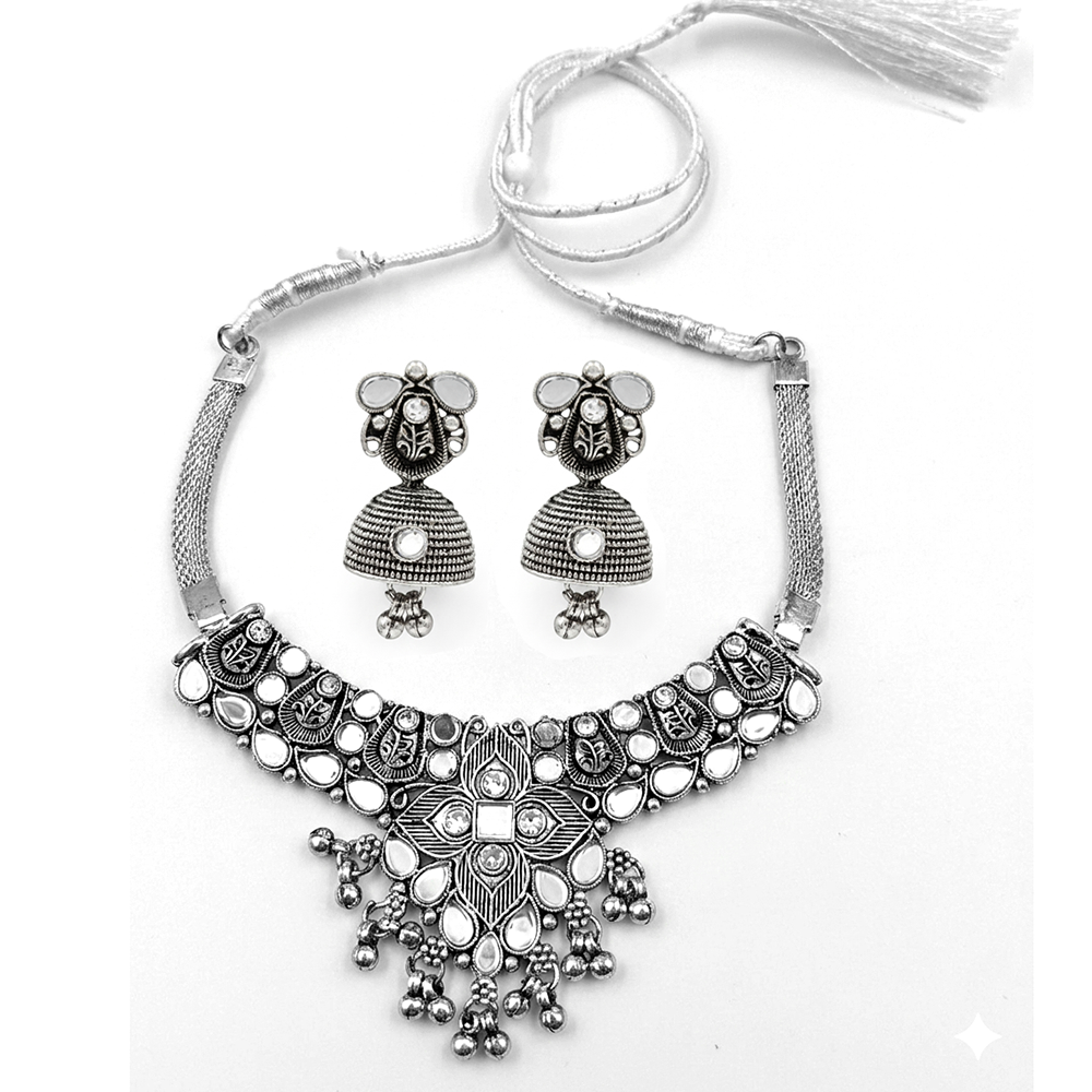 The99Jewel Oxidised Silver Choker Necklace Set with Mirror Work Beads & Jhumka Earrings
