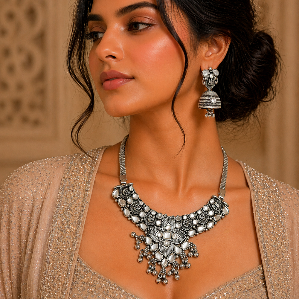 The99Jewel Oxidised Silver Choker Necklace Set with Mirror Work Beads & Jhumka Earrings