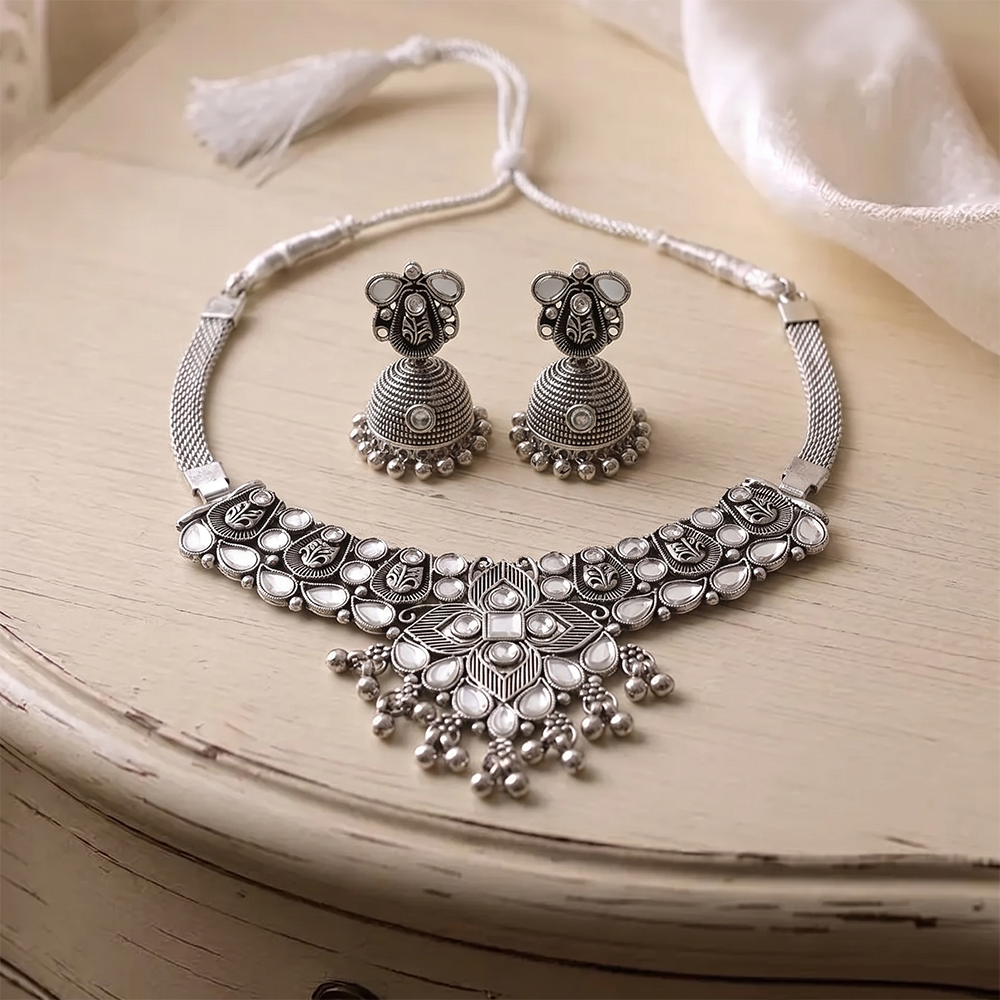 The99Jewel Oxidised Silver Choker Necklace Set with Mirror Work Beads & Jhumka Earrings