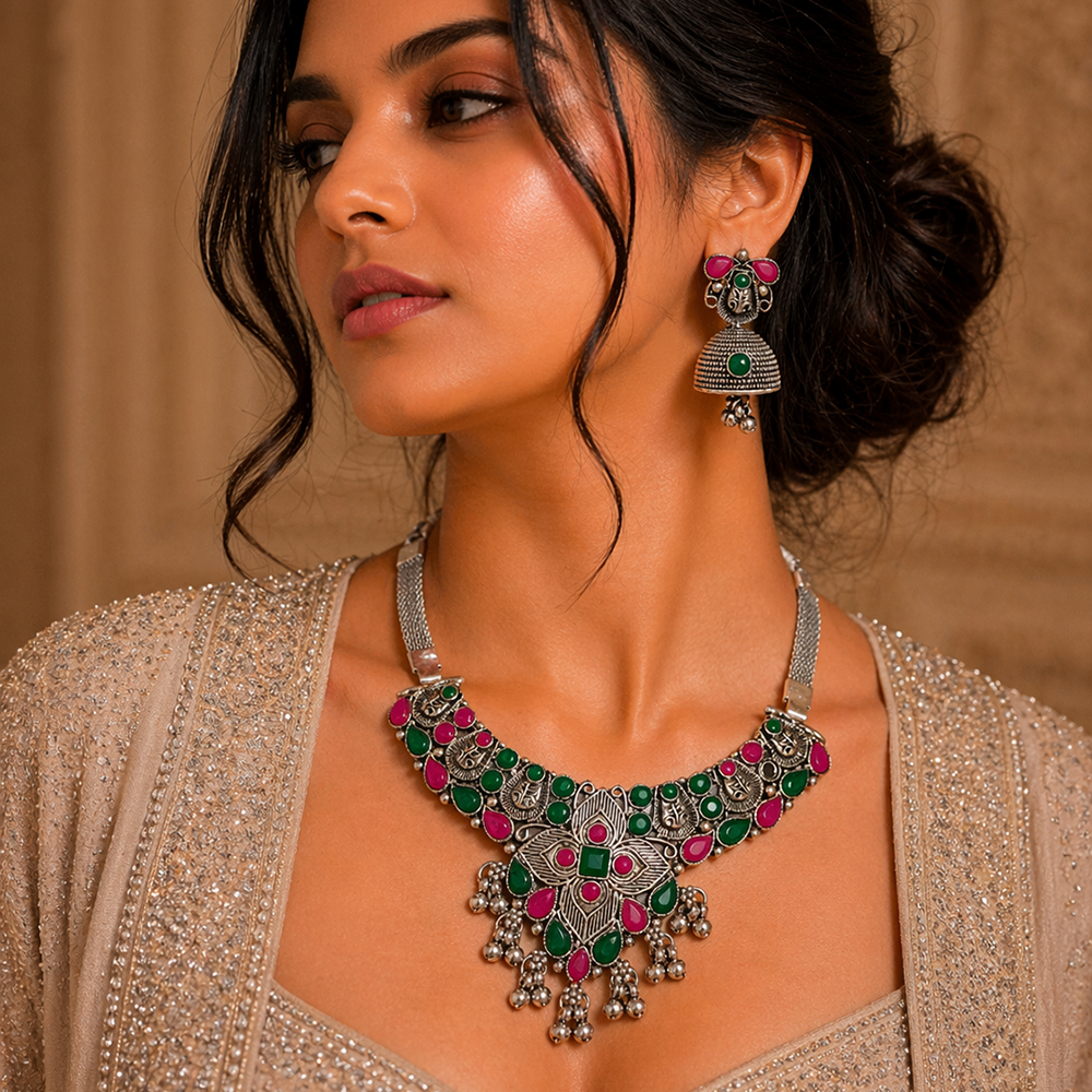 The99Jewel Oxidised Silver Choker Necklace Set with Pink & Green Beads & Jhumka Earrings