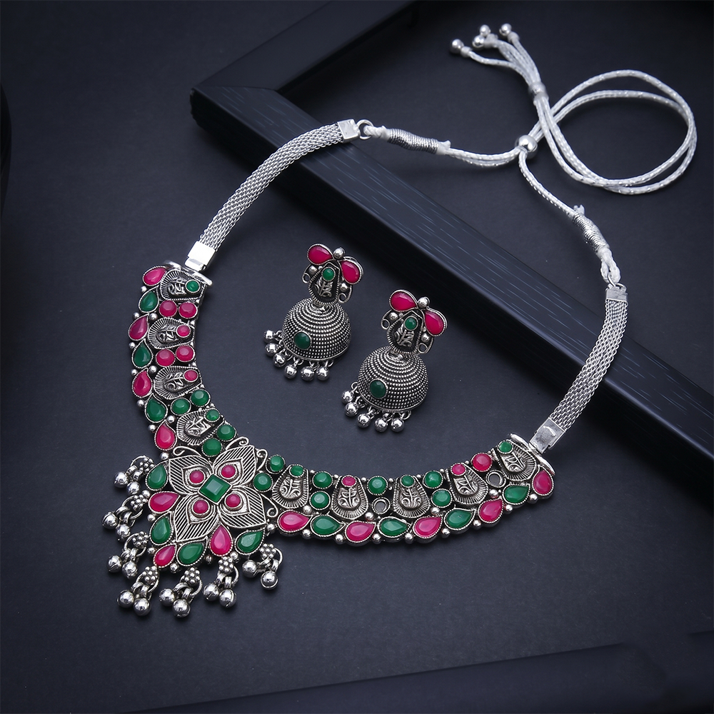 The99Jewel Oxidised Silver Choker Necklace Set with Pink & Green Beads & Jhumka Earrings
