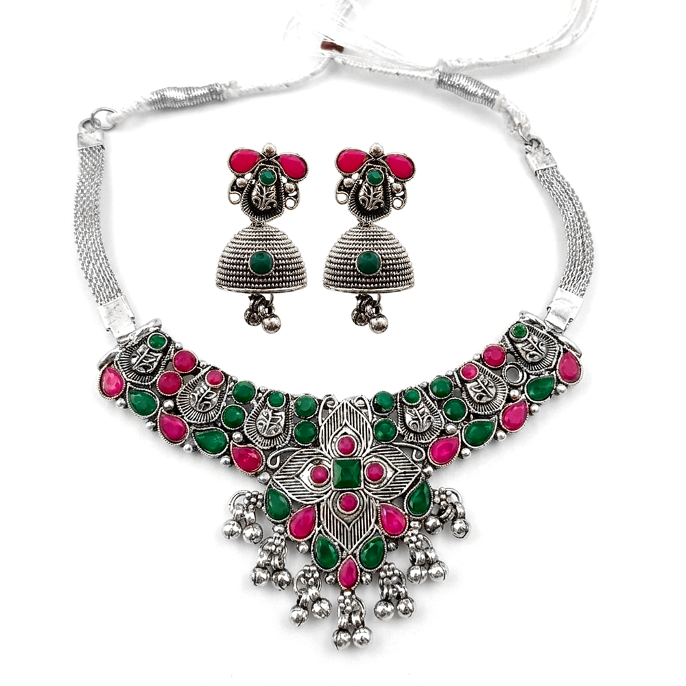 The99Jewel Oxidised Silver Choker Necklace Set with Pink & Green Beads & Jhumka Earrings