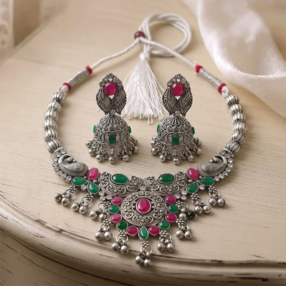 The99Jewel Oxidised Silver Choker Necklace Set with Pink & Green Beads & Jhumka Earrings