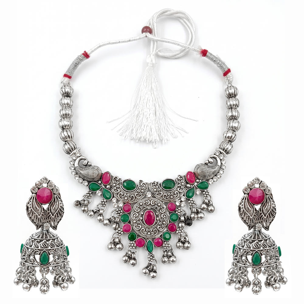 The99Jewel Oxidised Silver Choker Necklace Set with Pink & Green Beads & Jhumka Earrings