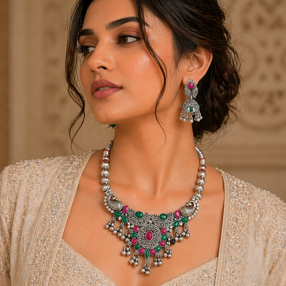 The99Jewel Oxidised Silver Choker Necklace Set with Pink & Green Beads & Jhumka Earrings