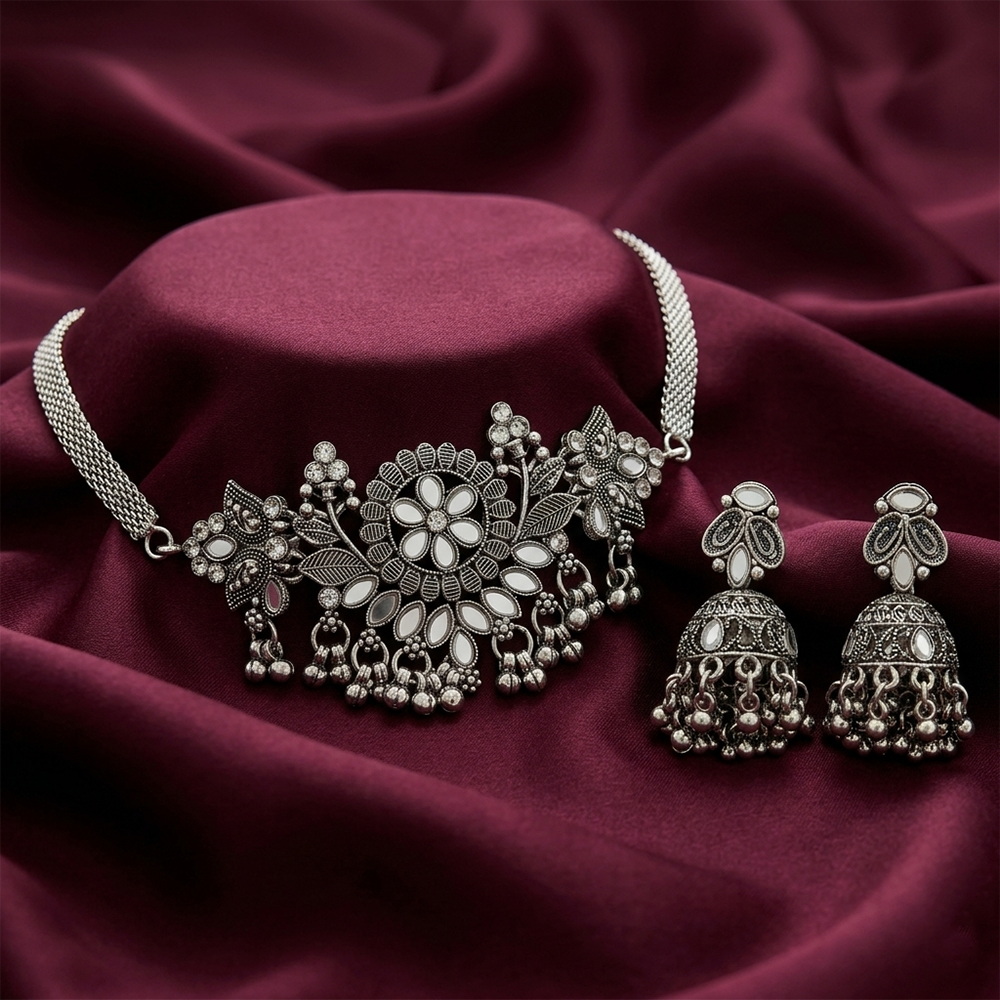 The99Jewel Oxidised Silver Stone Choker Necklace Set with Jhumka Earrings for Women