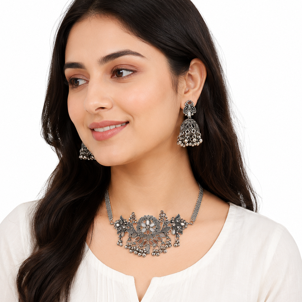 The99Jewel Oxidised Silver Stone Choker Necklace Set with Jhumka Earrings for Women