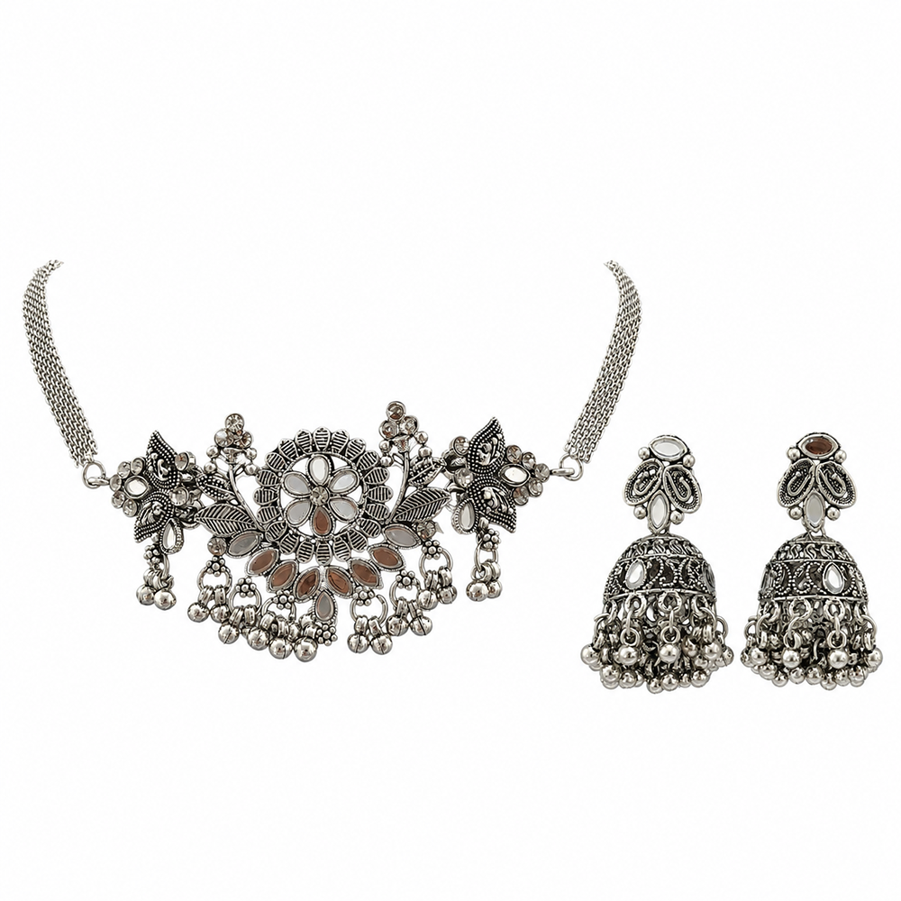 The99Jewel Oxidised Silver Stone Choker Necklace Set with Jhumka Earrings for Women