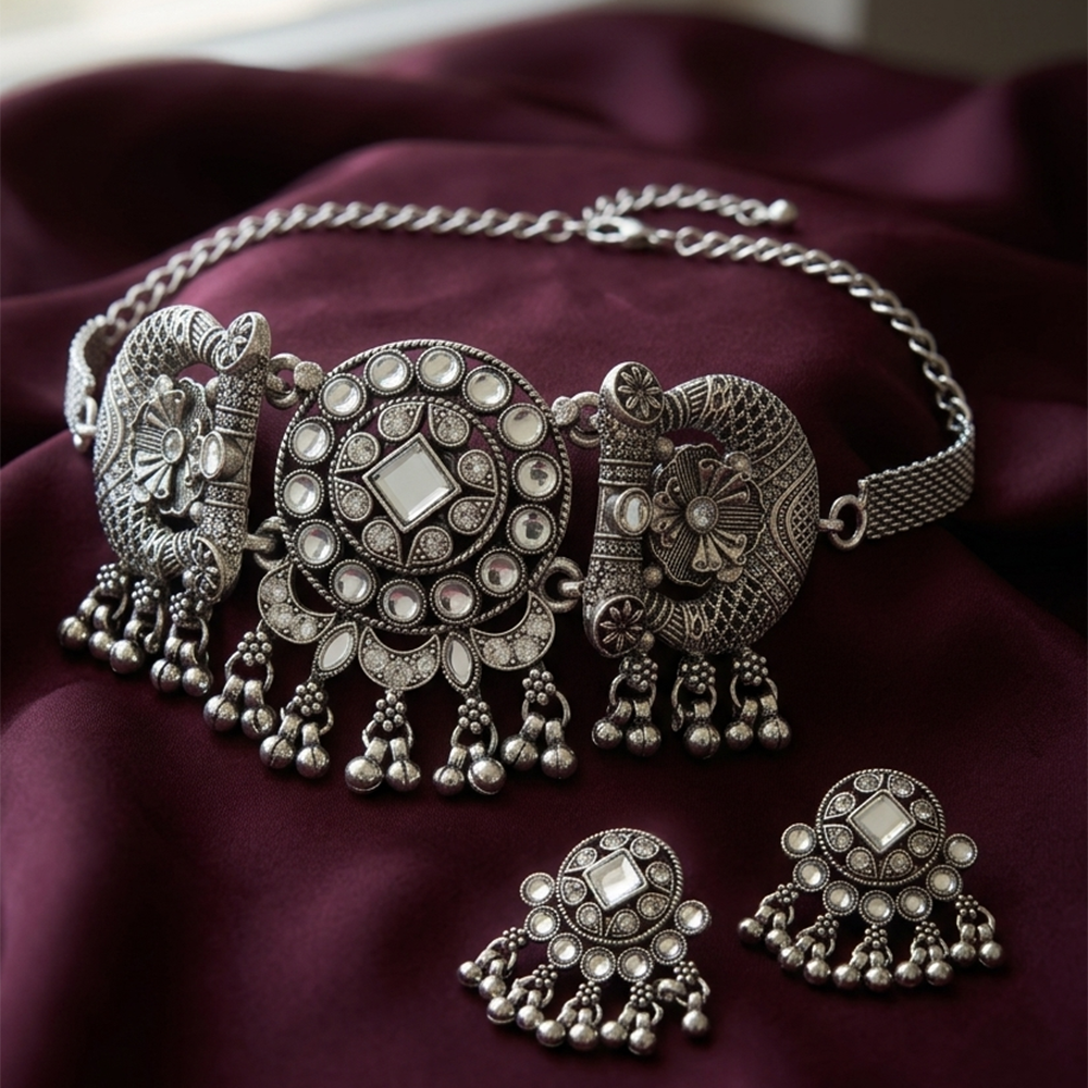 The99Jewel Oxidised Silver Stone Choker Necklace Set with Jhumka Earrings for Women