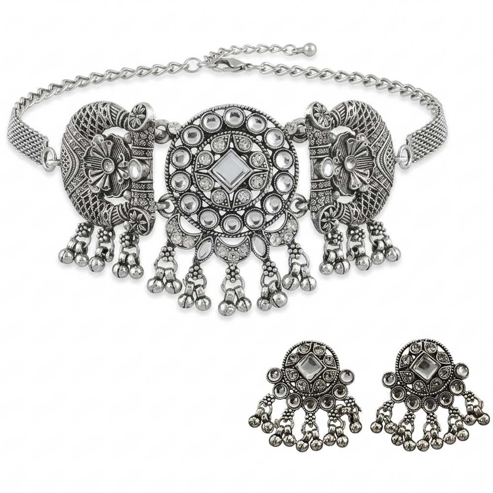 The99Jewel Oxidised Silver Stone Choker Necklace Set with Jhumka Earrings for Women