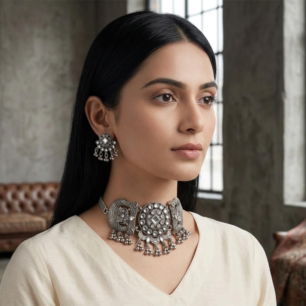 The99Jewel Oxidised Silver Stone Choker Necklace Set with Jhumka Earrings for Women