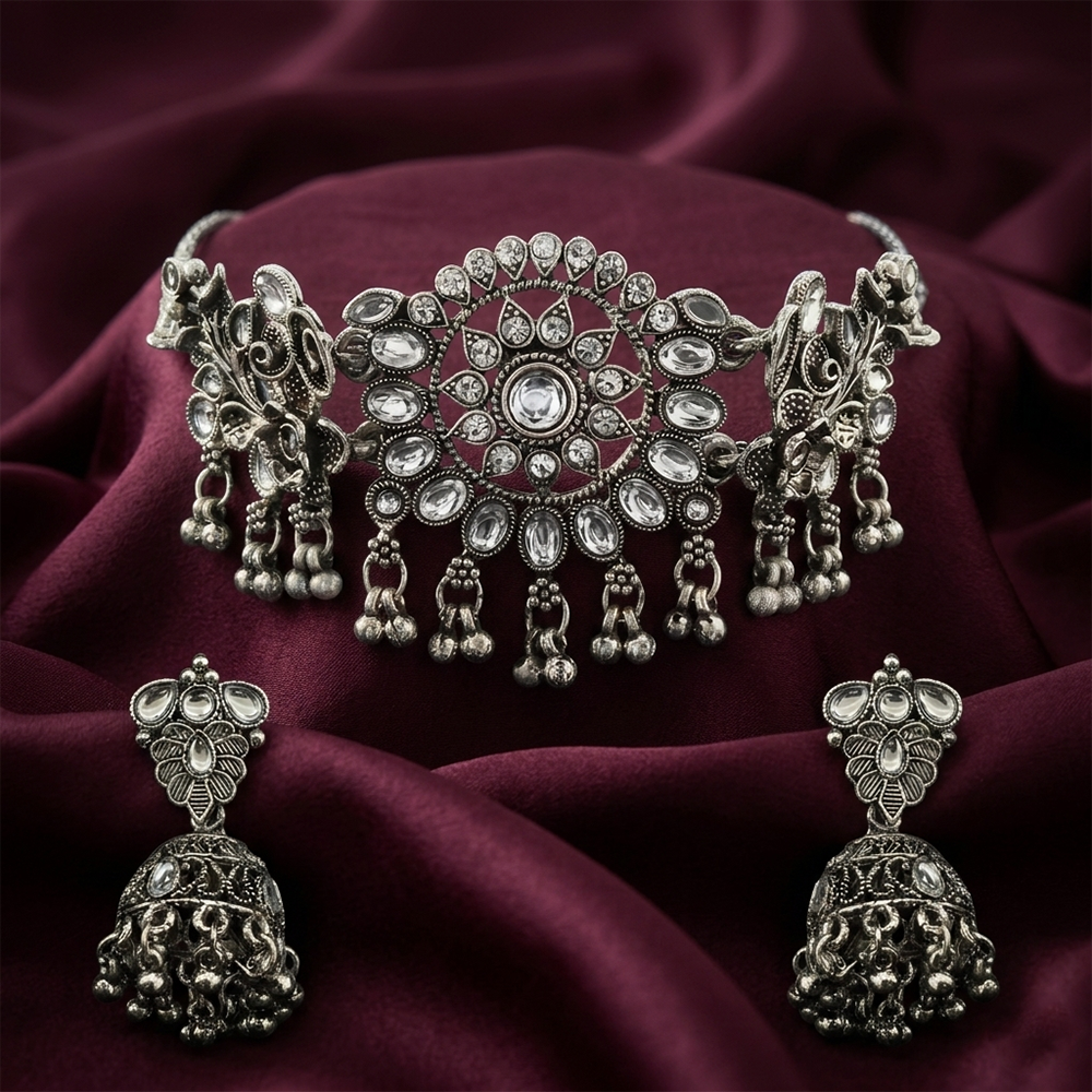 The99Jewel Oxidised Silver Stone Choker Necklace Set with Jhumka Earrings for Women
