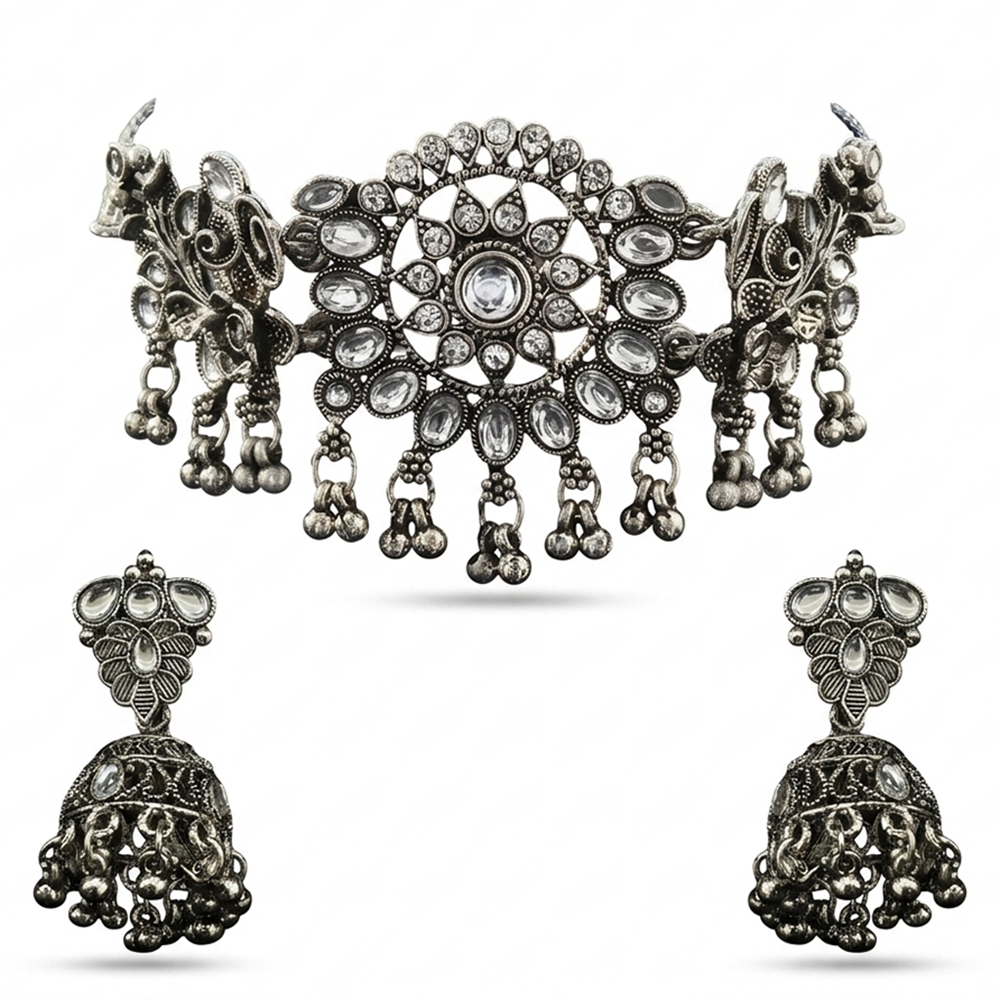 The99Jewel Oxidised Silver Stone Choker Necklace Set with Jhumka Earrings for Women