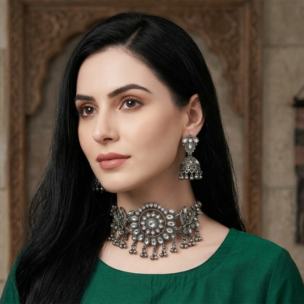 The99Jewel Oxidised Silver Stone Choker Necklace Set with Jhumka Earrings for Women