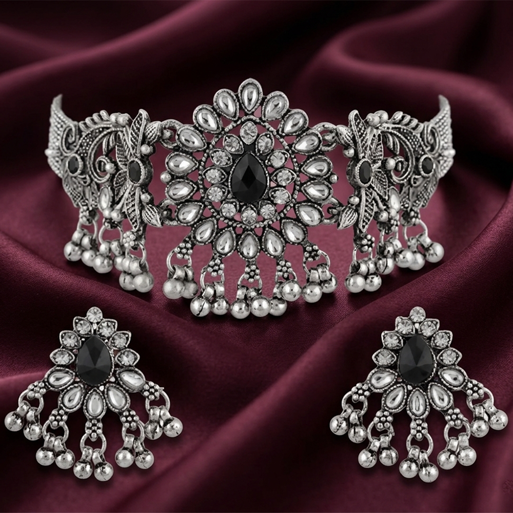 The99Jewel Oxidised Silver Stone Choker Necklace Set with Jhumka Earrings for Women