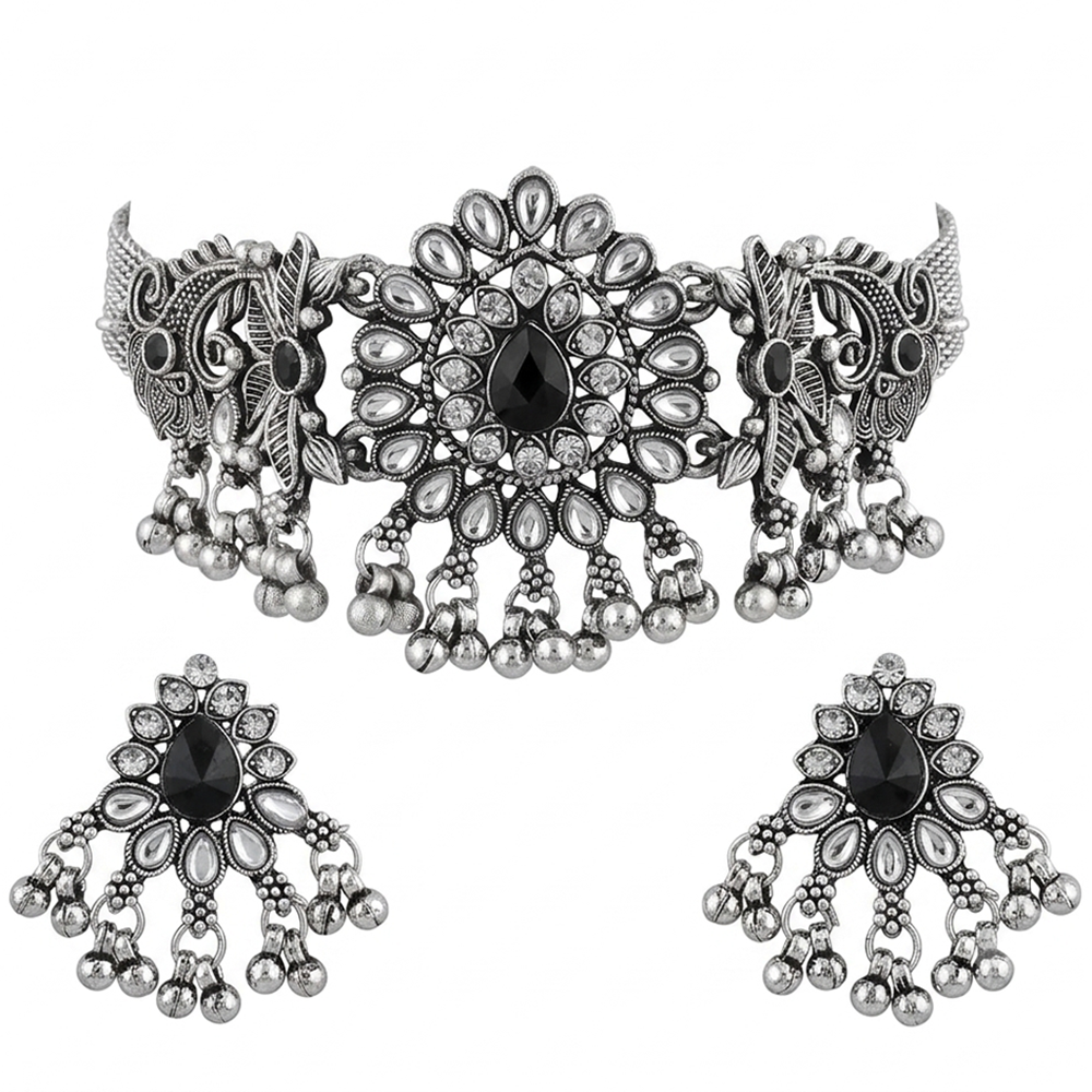 The99Jewel Oxidised Silver Stone Choker Necklace Set with Jhumka Earrings for Women