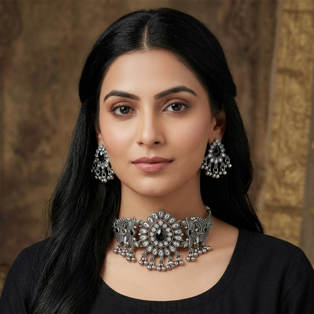 The99Jewel Oxidised Silver Stone Choker Necklace Set with Jhumka Earrings for Women