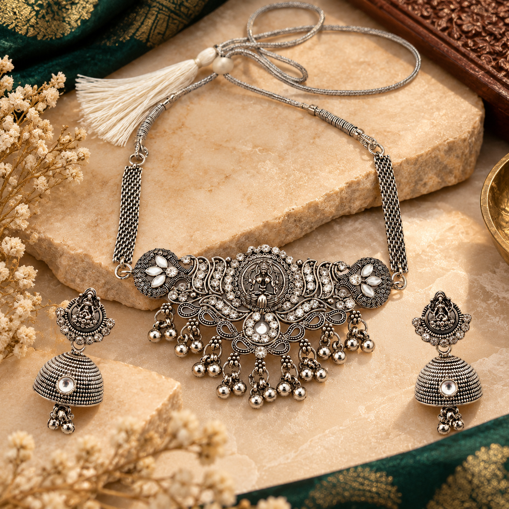 The99Jewel Vintage Inspired Oxidised Choker Necklace Set | Classic Traditional Jewellery for Festive Wear