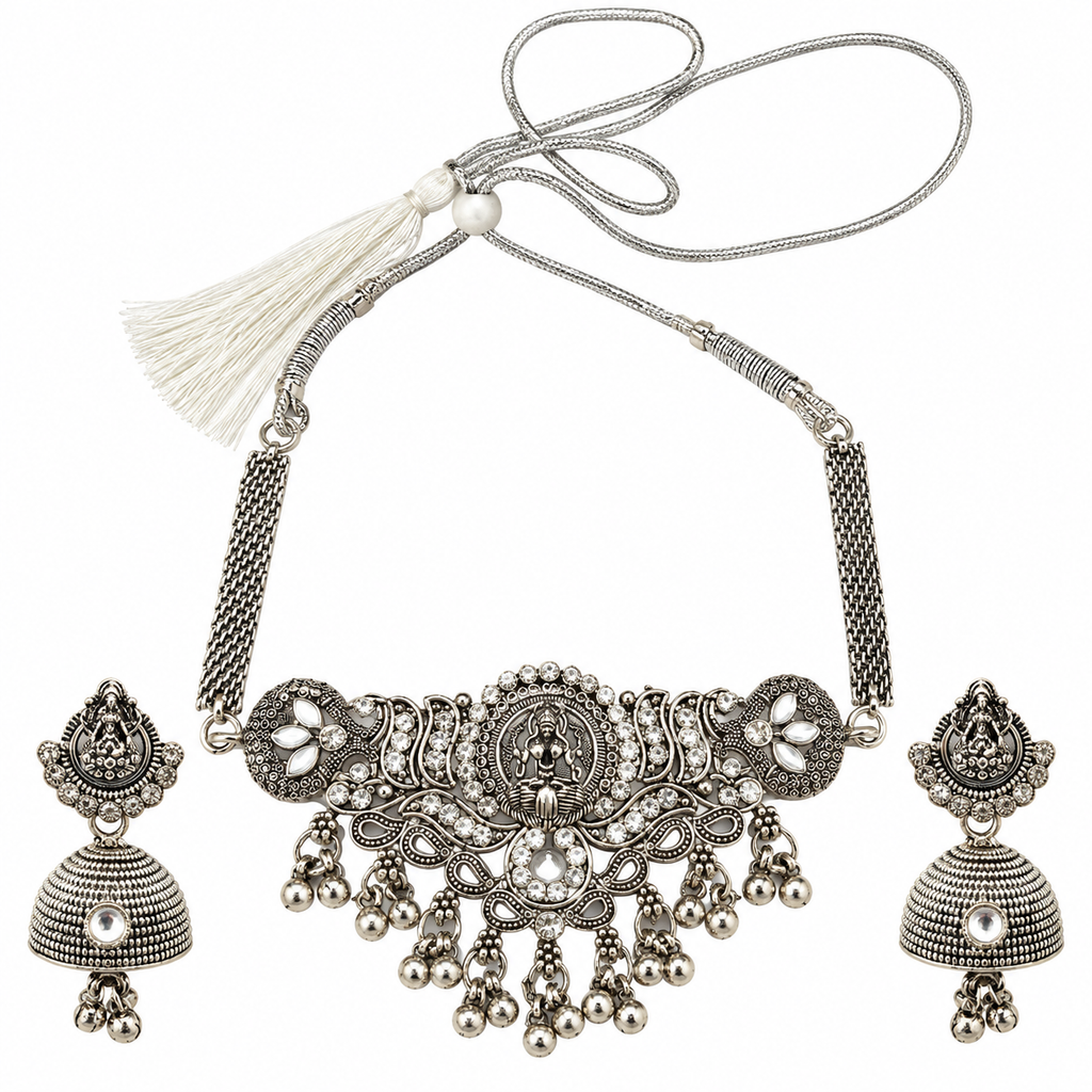 The99Jewel Vintage Inspired Oxidised Choker Necklace Set | Classic Traditional Jewellery for Festive Wear