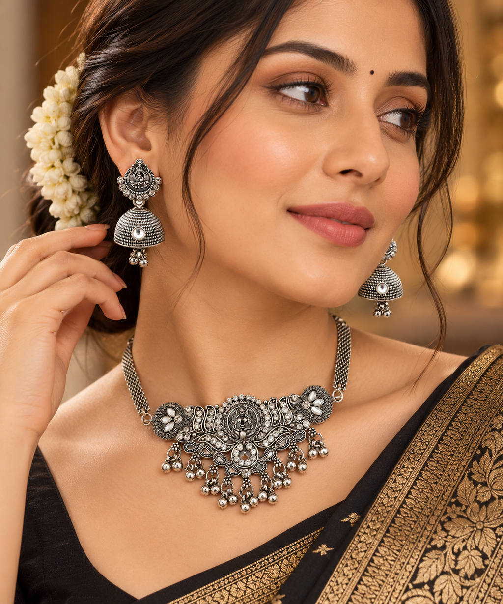 The99Jewel Vintage Inspired Oxidised Choker Necklace Set | Classic Traditional Jewellery for Festive Wear