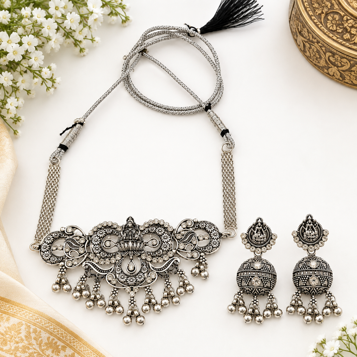 The99Jewel Vintage Inspired Oxidised Choker Necklace Set | Classic Traditional Jewellery for Festive Wear