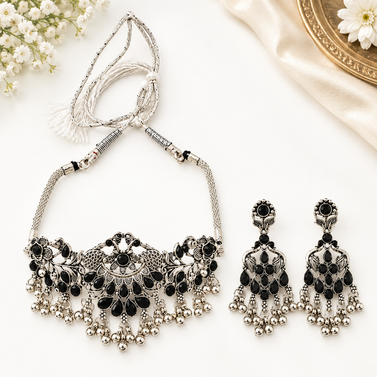The99Jewel Vintage Inspired Oxidised Choker Necklace Set | Classic Traditional Jewellery for Festive Wear