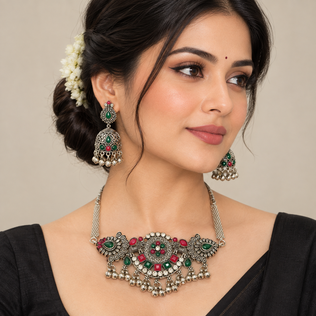 The99Jewel Vintage Inspired Oxidised Choker Necklace Set | Classic Traditional Jewellery for Festive Wear