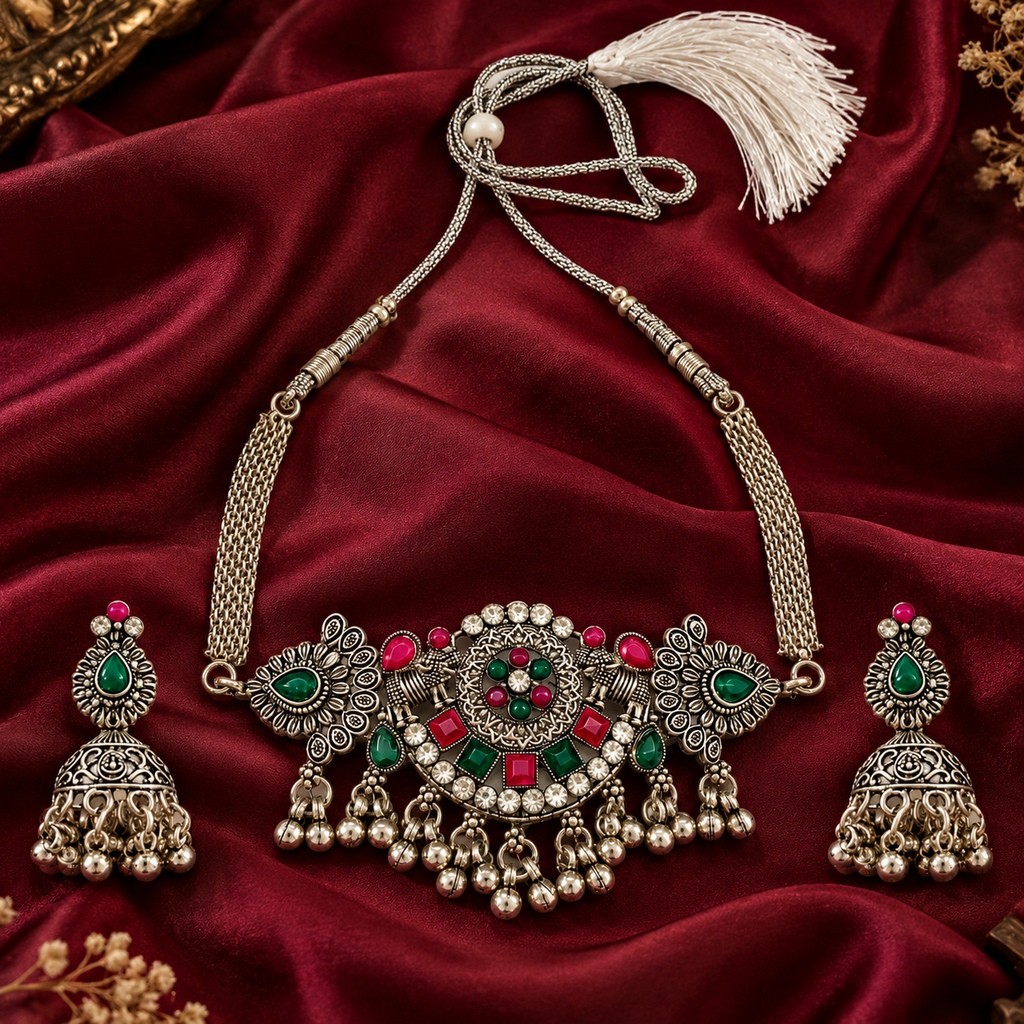The99Jewel Vintage Inspired Oxidised Choker Necklace Set | Classic Traditional Jewellery for Festive Wear