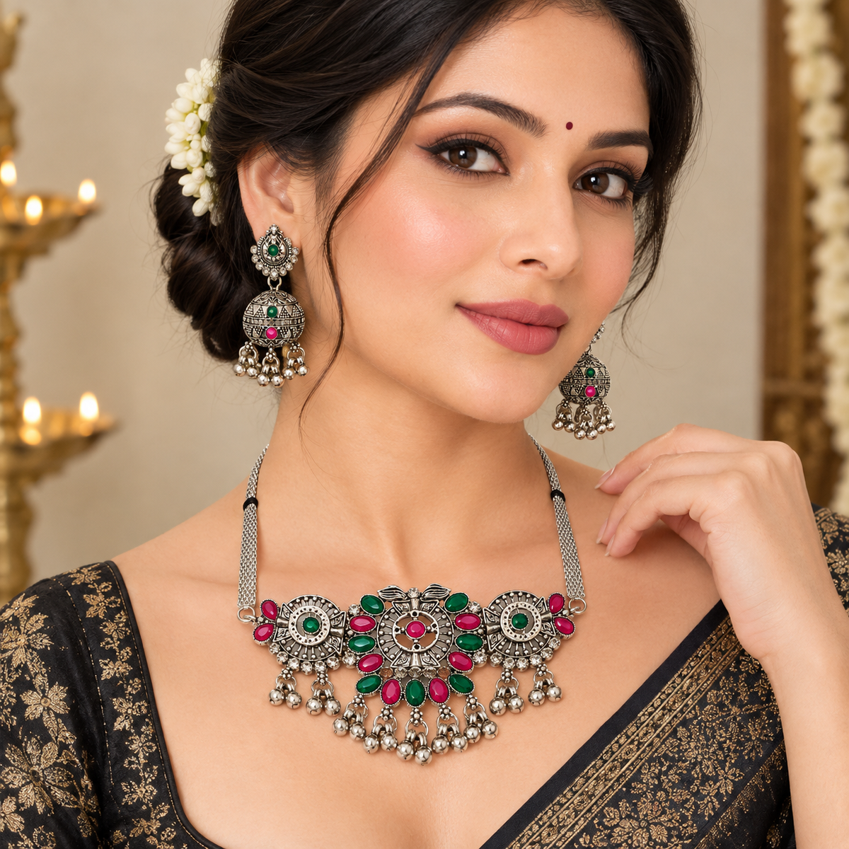 The99Jewel Vintage Inspired Oxidised Choker Necklace Set | Classic Traditional Jewellery for Festive Wear